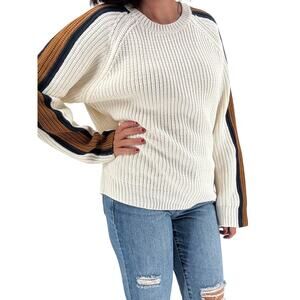 SANCTUARY Sweater Size XL Sporty Stripe Pullover Crew Neck Cream w/ Navy Brown